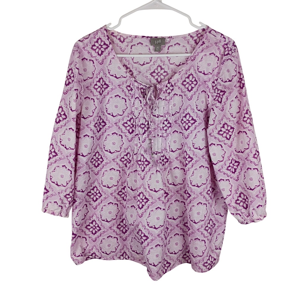 J. Jill Womens Medium Petite Purple Medallion Print Cotton Tassel Peasant Blouse